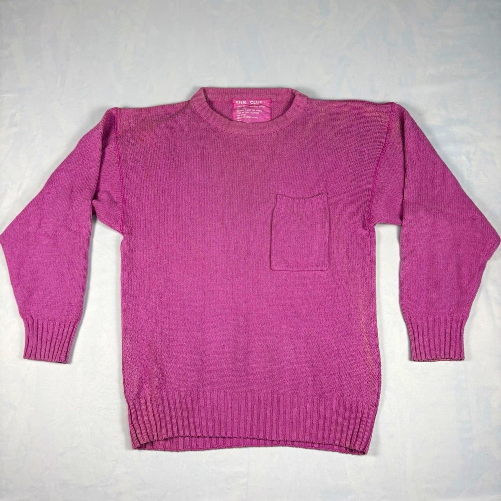 Vintage 90s Silk Club 100% Silk Knit Sweater L  Pink Crewneck Pocket Pullover